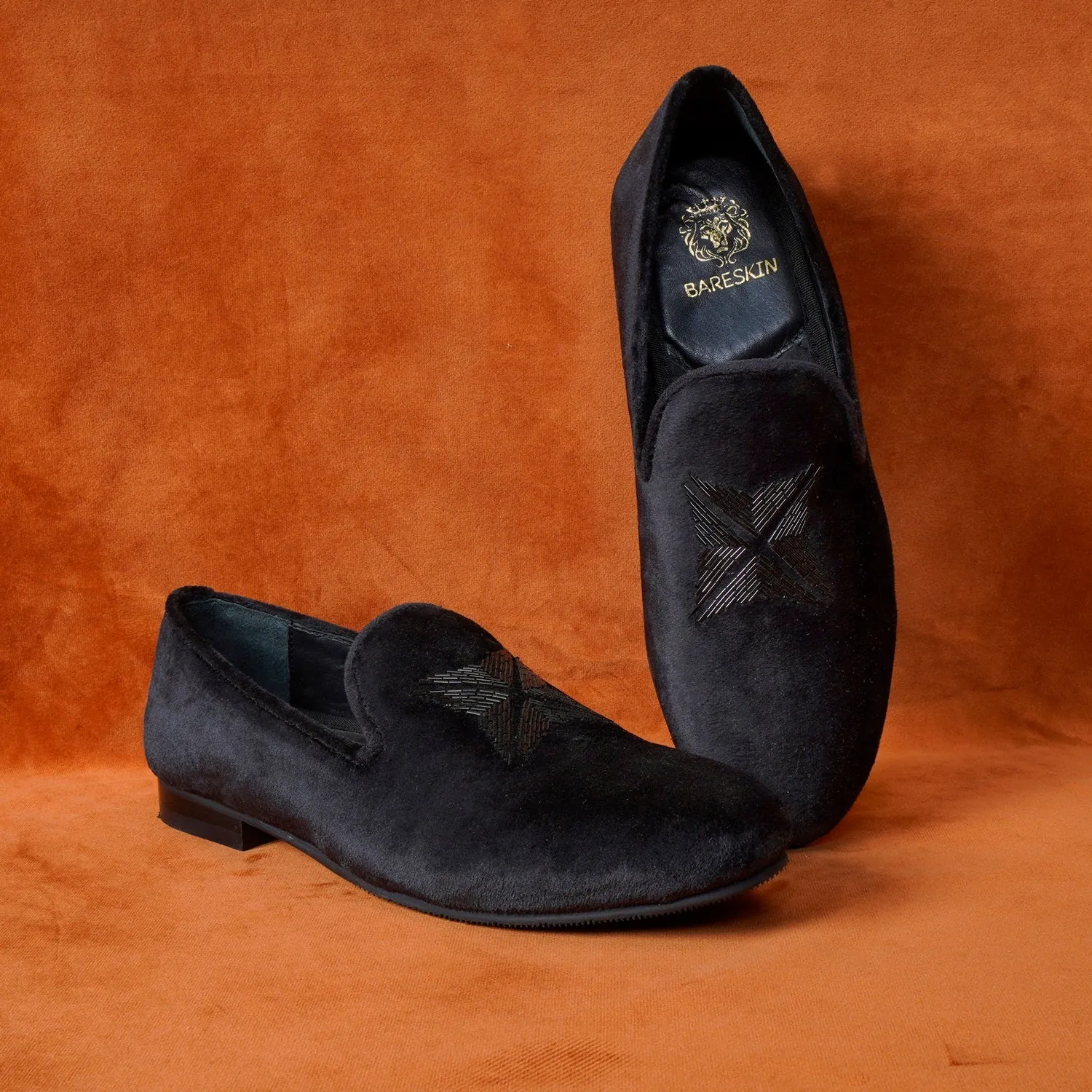 Black Velvet Zardosi Beads Slip-On Shoes