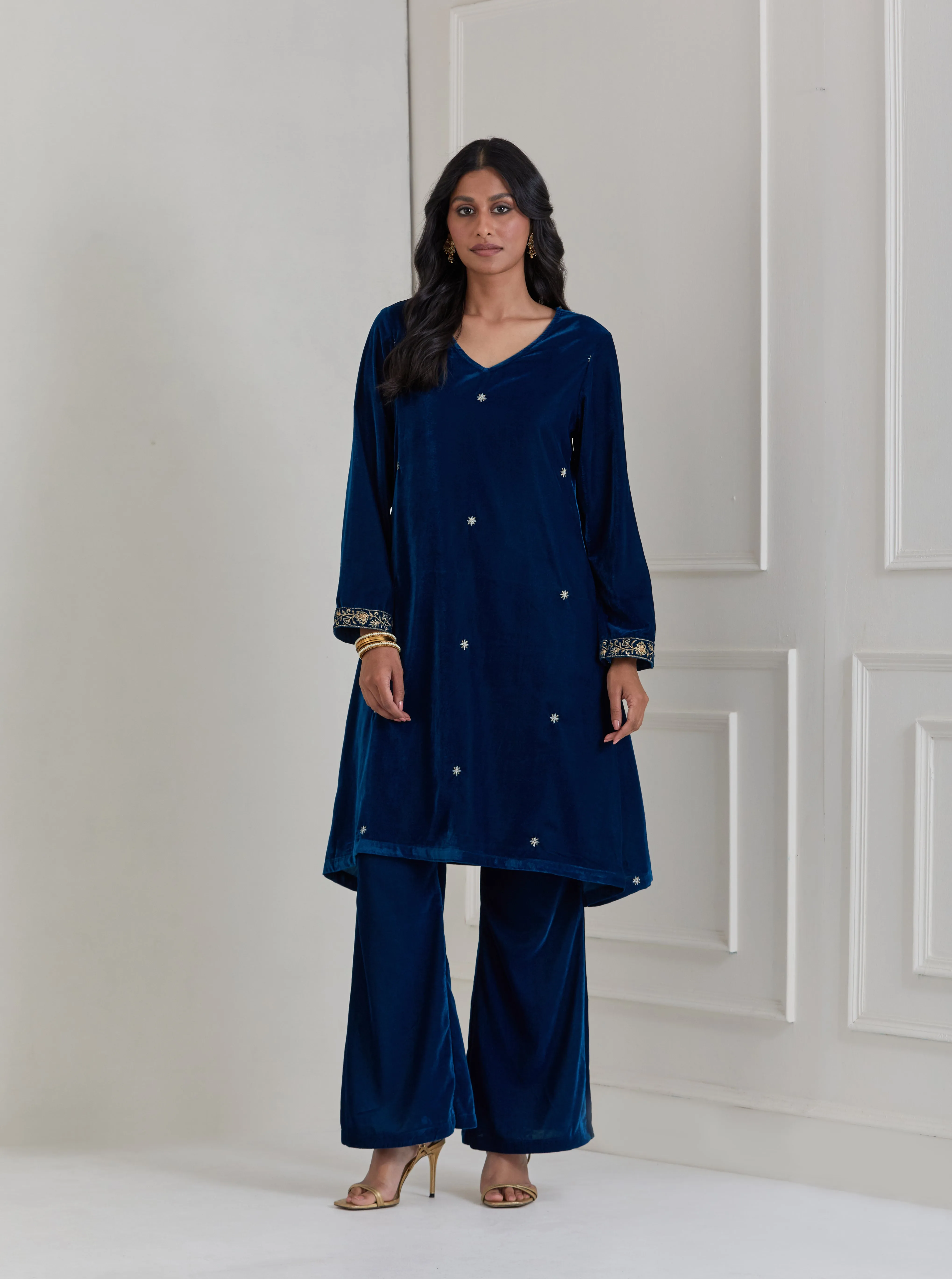 Blue Embroidered Velvet A-Line Suit - Set of 3