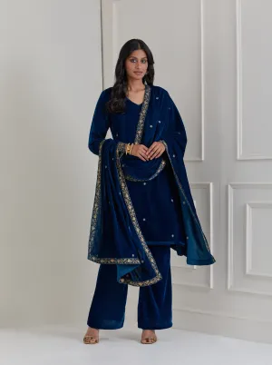 Blue Embroidered Velvet A-Line Suit - Set of 3