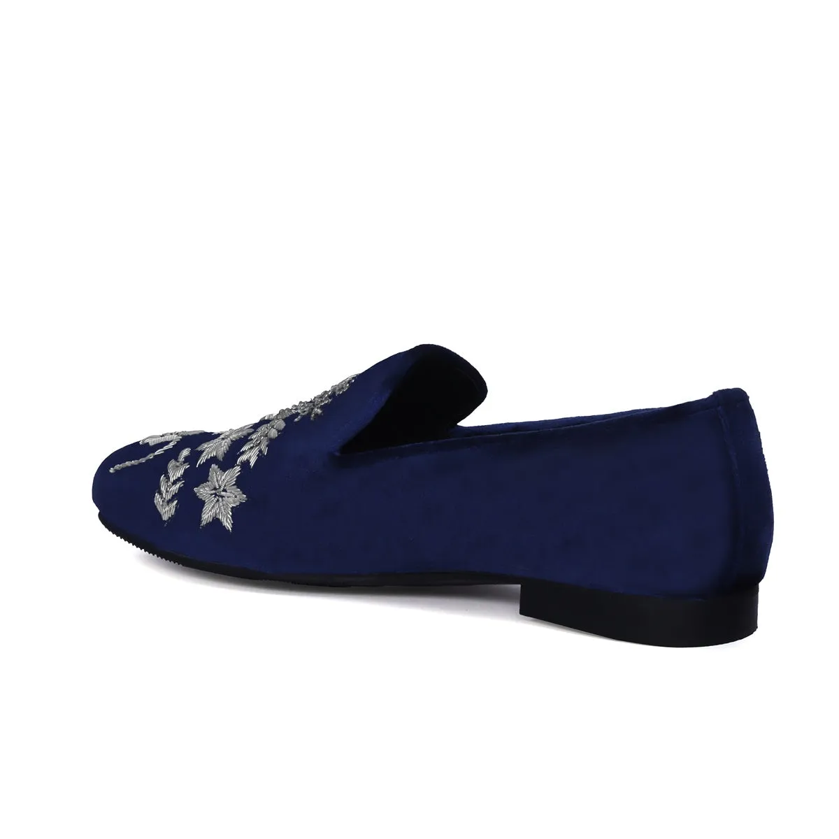 Blue Italian Velvet Slip-On Shoes with Floral Pattern Silver Handmade Zardosi For Men By Brune & Bareskin