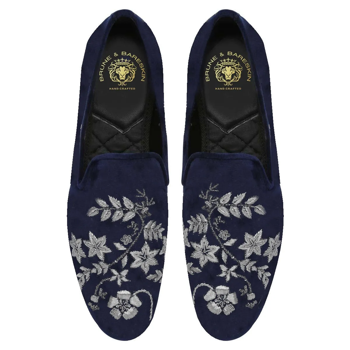 Blue Italian Velvet Slip-On Shoes with Floral Pattern Silver Handmade Zardosi For Men By Brune & Bareskin