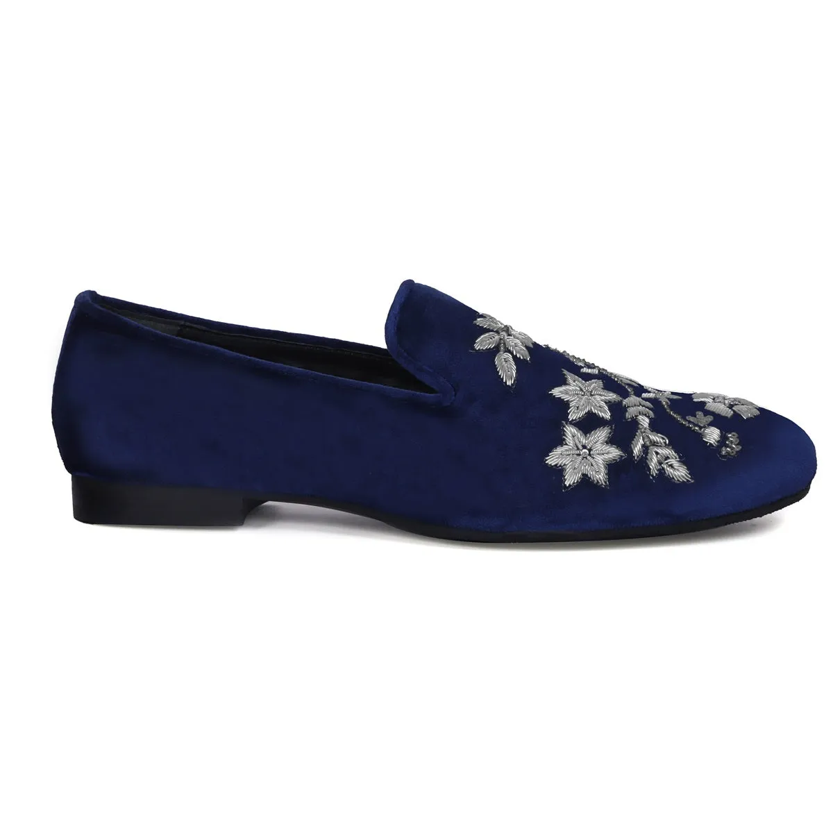 Blue Italian Velvet Slip-On Shoes with Floral Pattern Silver Handmade Zardosi For Men By Brune & Bareskin