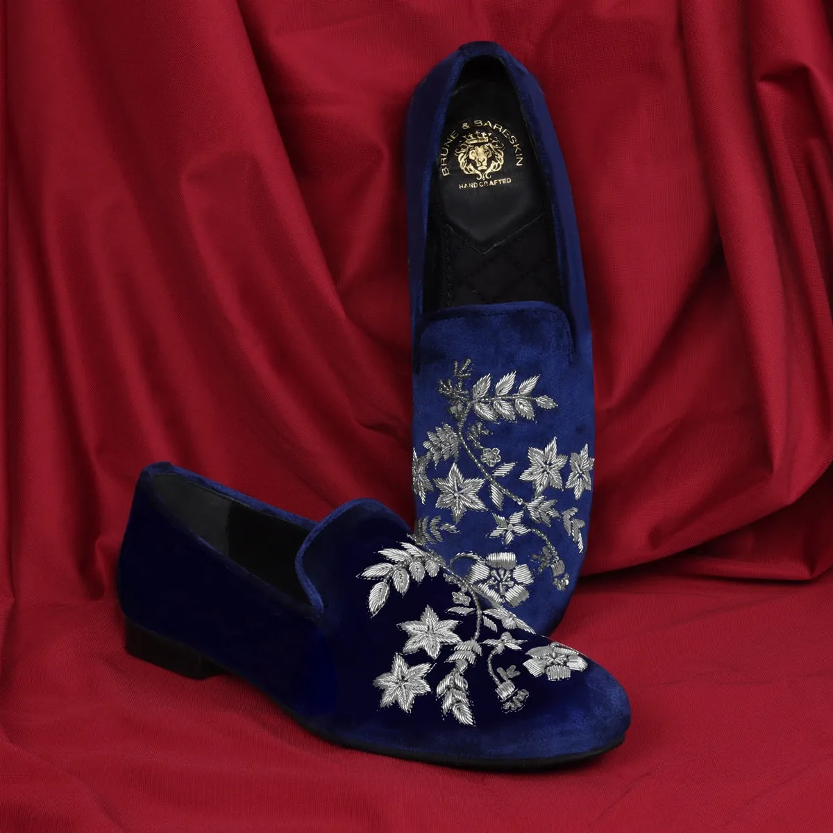 Blue Italian Velvet Slip-On Shoes with Floral Pattern Silver Handmade Zardosi For Men By Brune & Bareskin