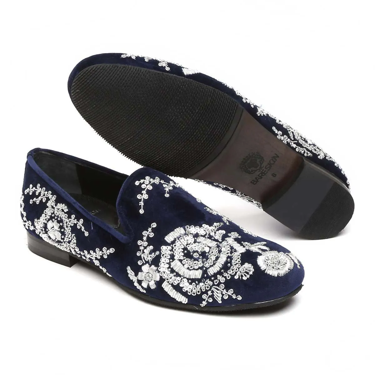 Blue Velvet Slip-On Shoes with Silver Zardosi Embroidery