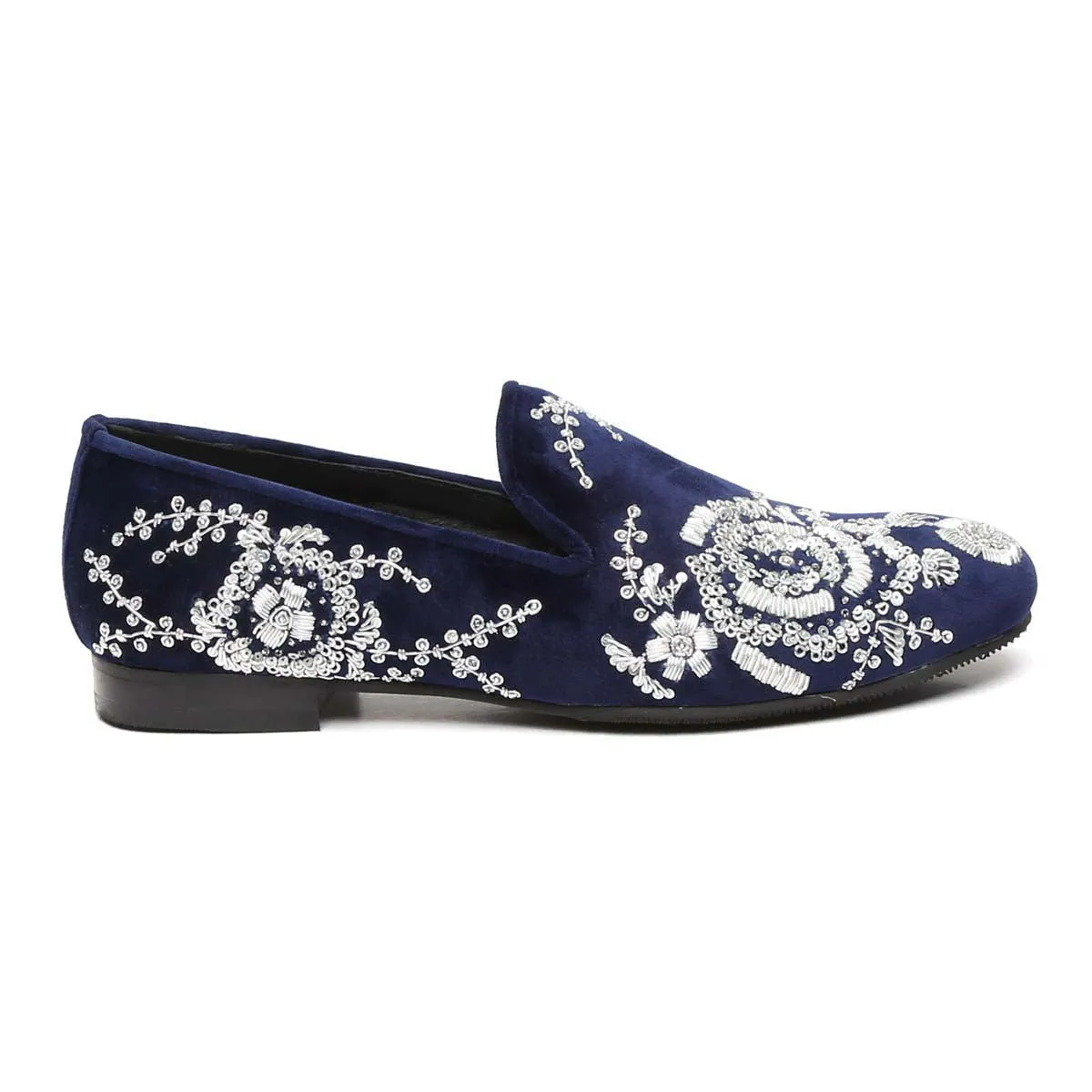 Blue Velvet Slip-On Shoes with Silver Zardosi Embroidery