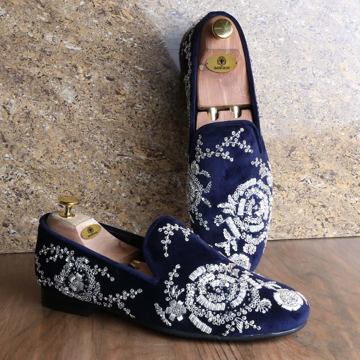 Blue Velvet Slip-On Shoes with Silver Zardosi Embroidery