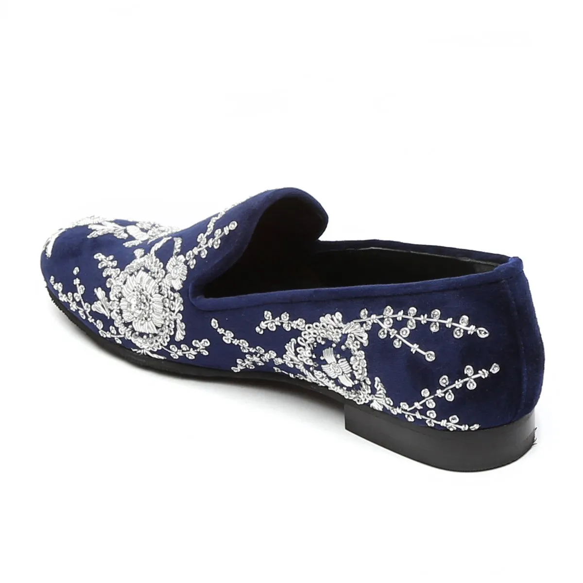 Blue Velvet Slip-On Shoes with Silver Zardosi Embroidery