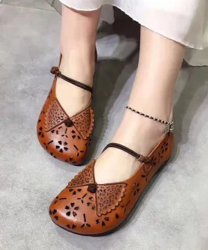 Brown Hollow Out Flats Buckle Strap Shoes