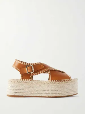 Brown leather platform espadrilles