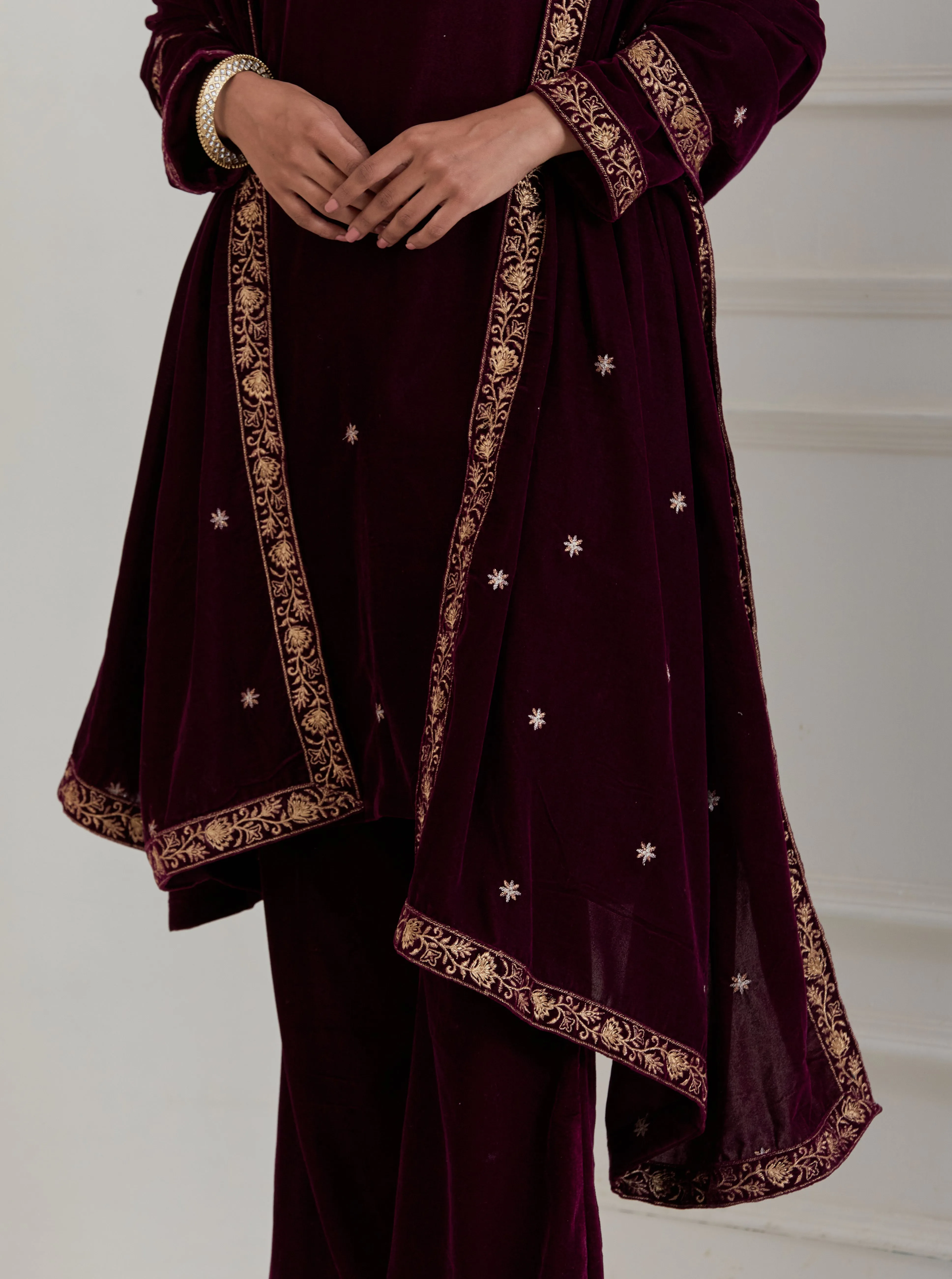 Burgundy Embroidered Velvet A-Line Suit - Set of 3