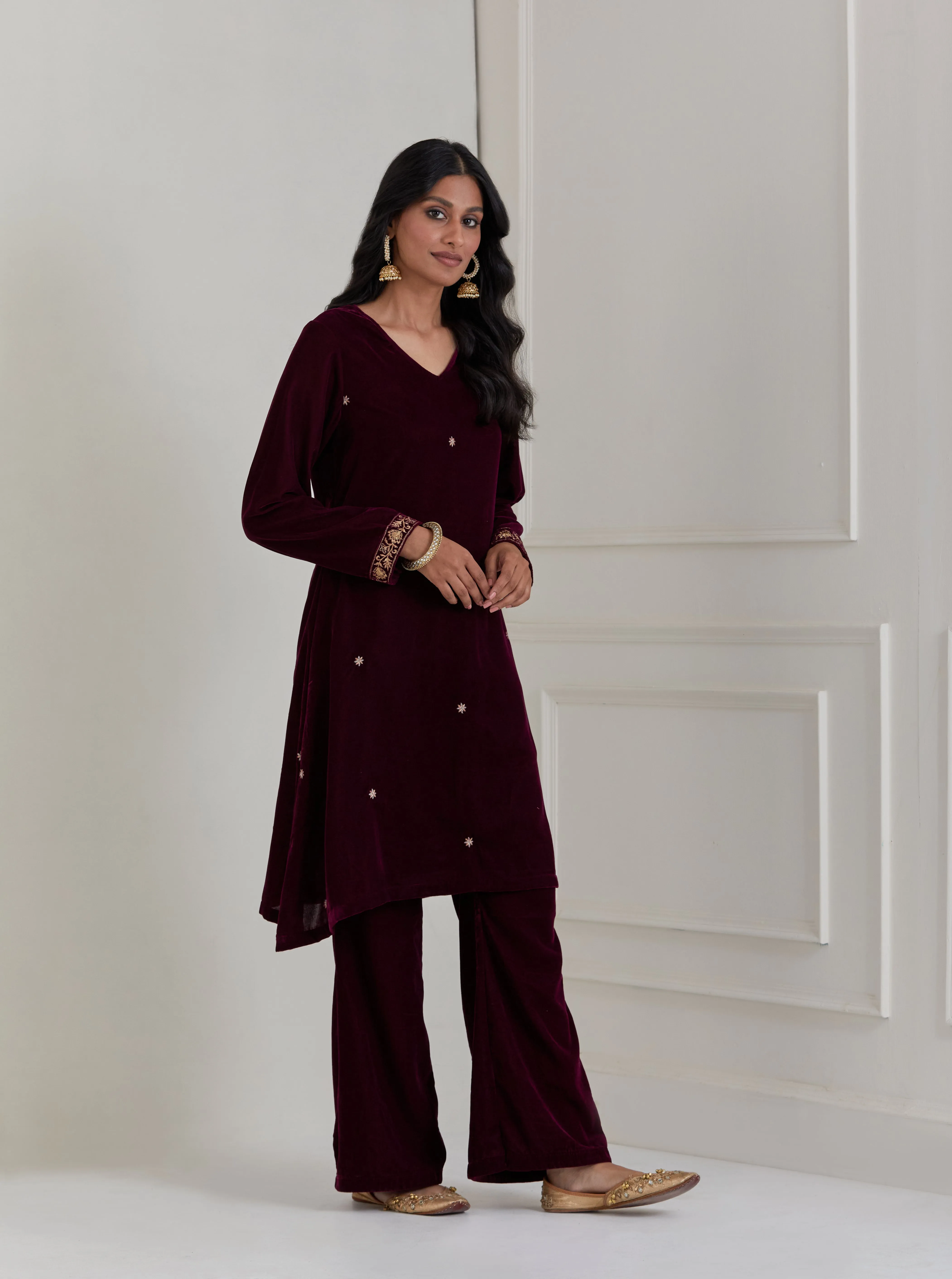 Burgundy Embroidered Velvet A-Line Suit - Set of 3