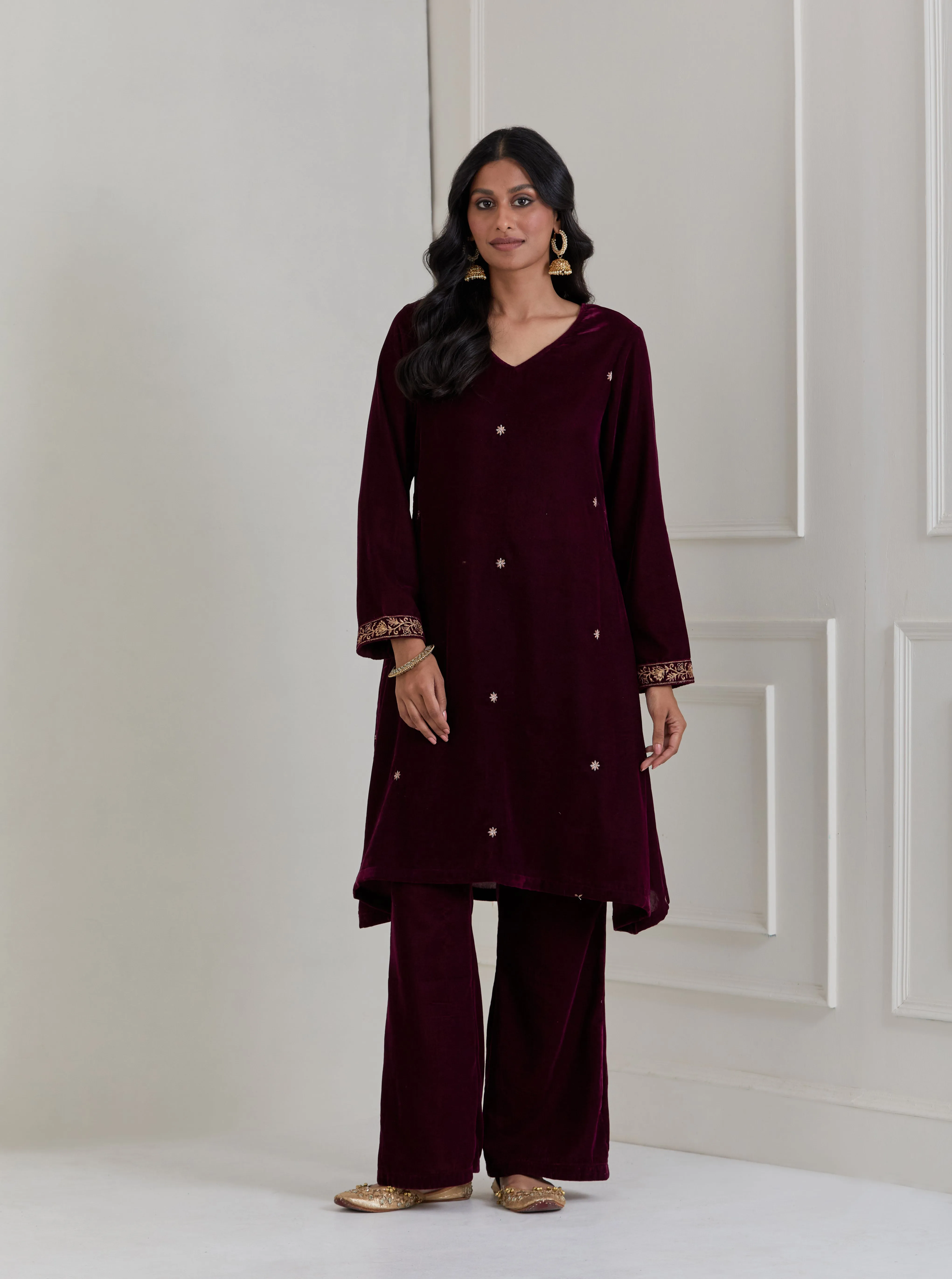 Burgundy Embroidered Velvet A-Line Suit - Set of 3