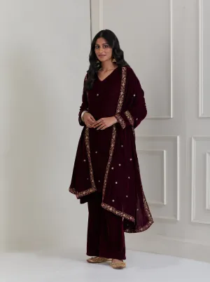 Burgundy Embroidered Velvet A-Line Suit - Set of 3