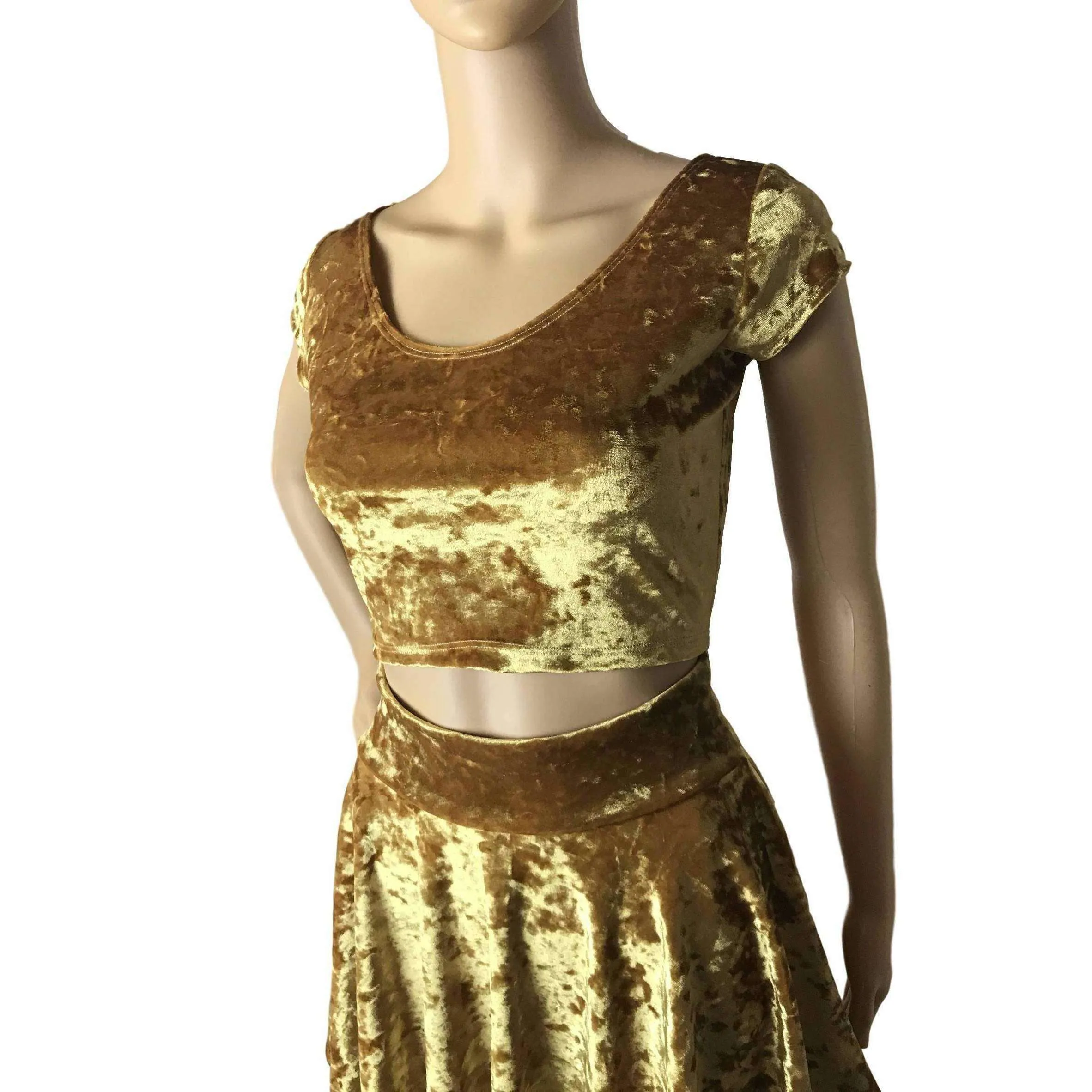 Cap Sleeve Crop Top - Gold Crushed Velvet