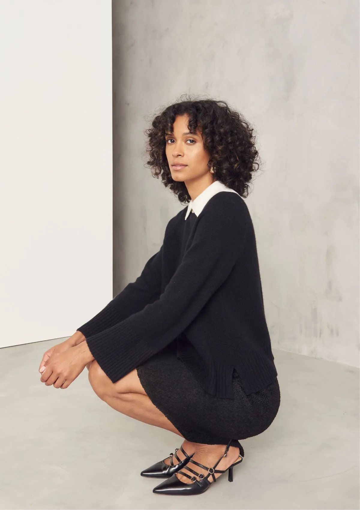 Cashmere A Line Collared Sweater in Chalk/Black