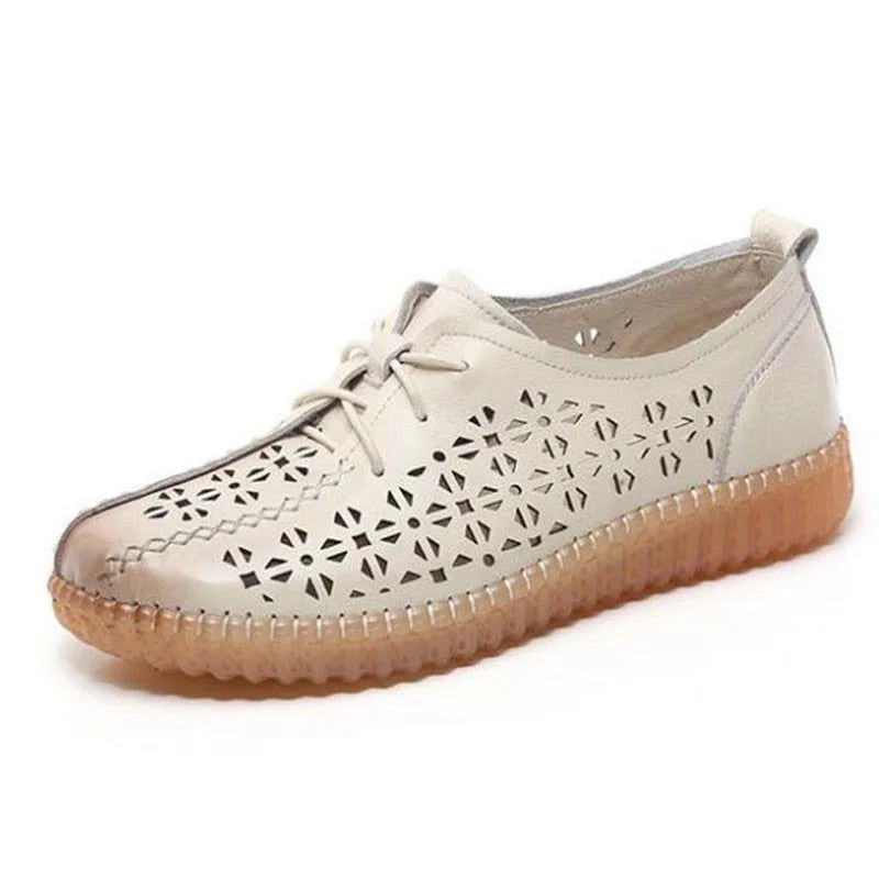 Casual Shoes Genuine Cow Leather Flat Comfortable For Women Hollow Breathable Lace-Up Ladies Flats