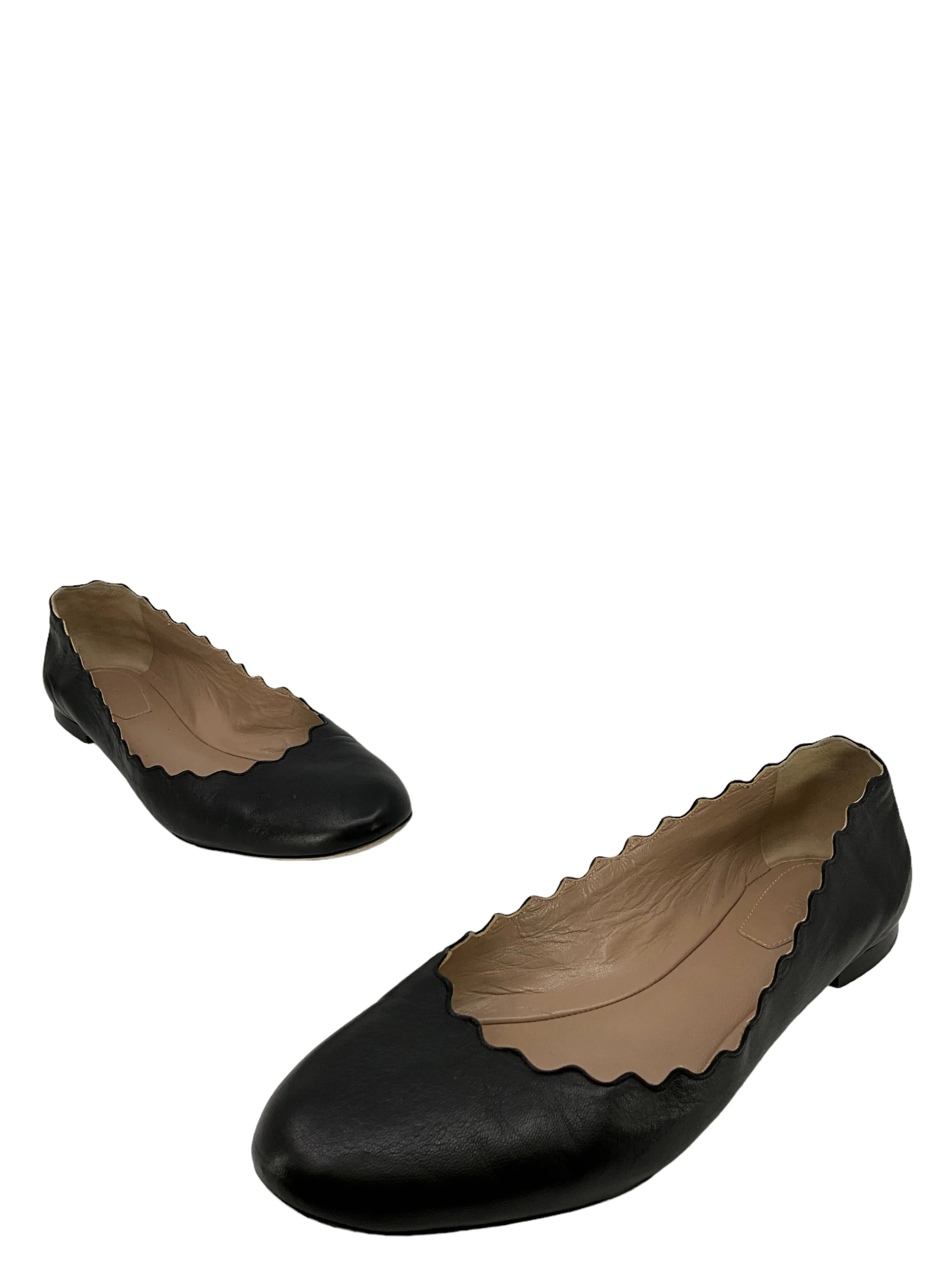 Chloe Lauren Scalloped Black Leather Flats Size 7.5