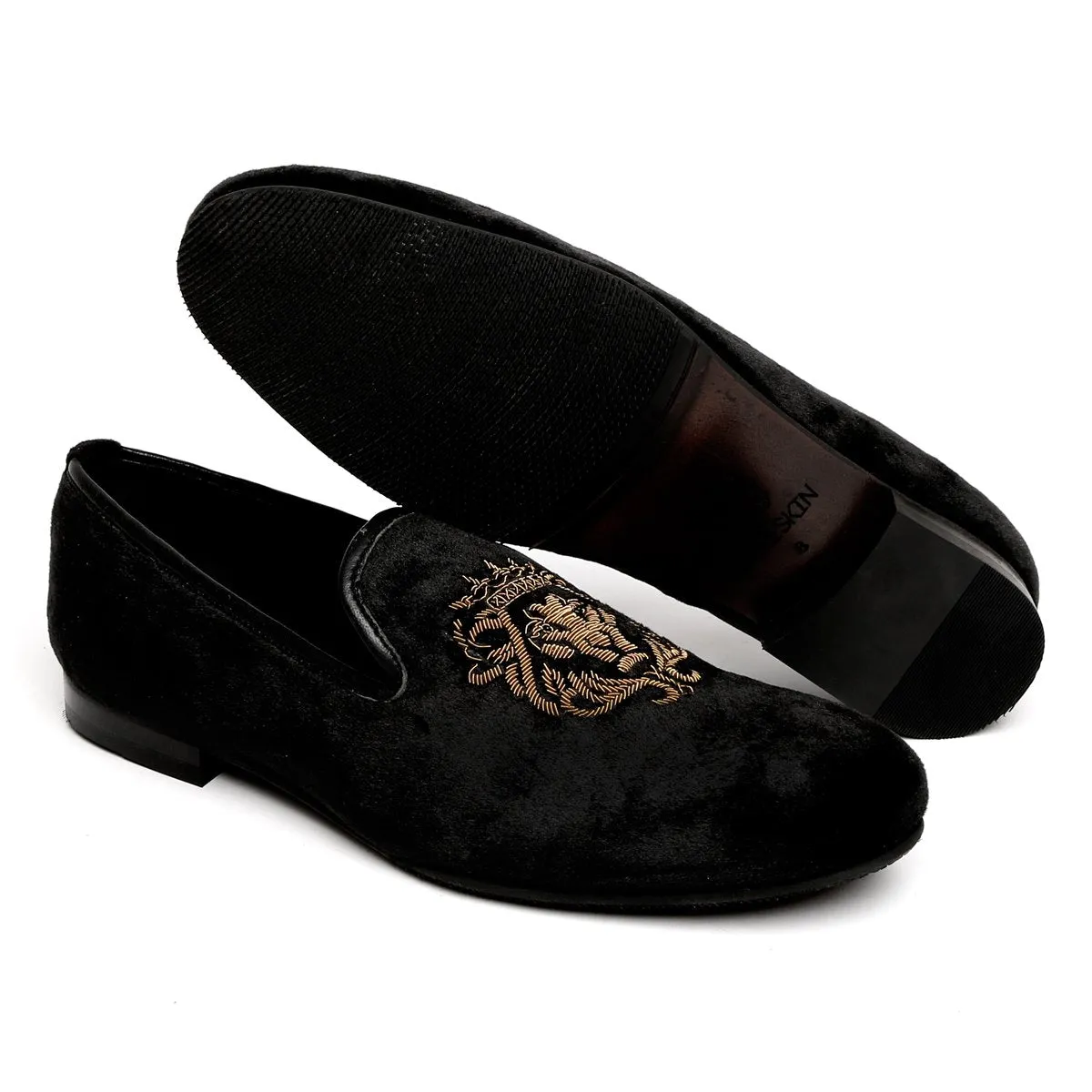 Copper Gold Lion Zardosi Black Velvet Slip-On by Brune & Bareskin