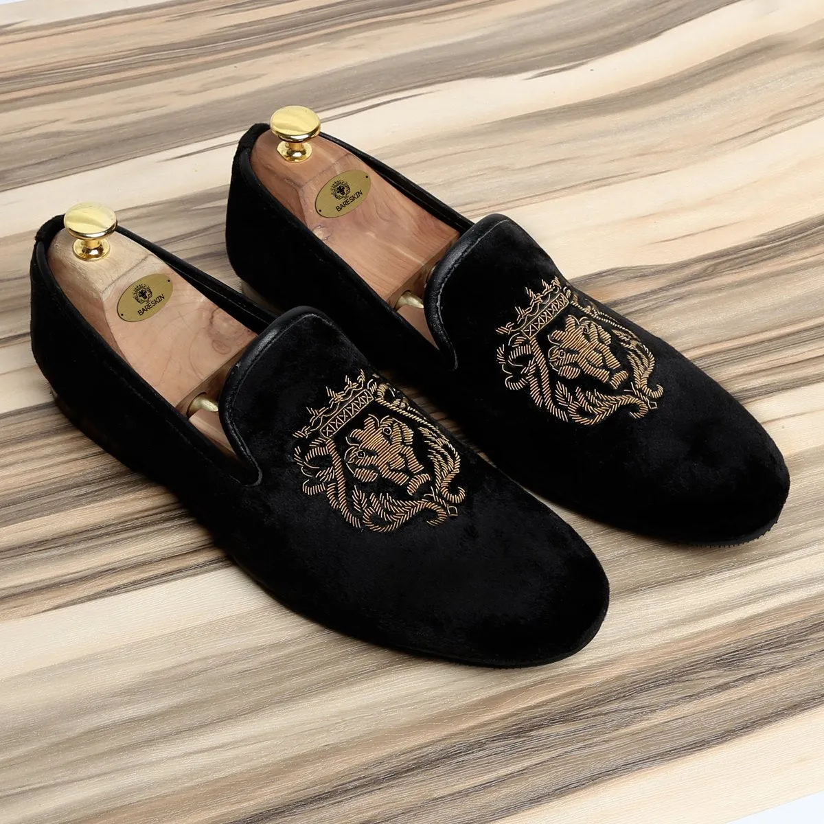 Copper Gold Lion Zardosi Black Velvet Slip-On by Brune & Bareskin