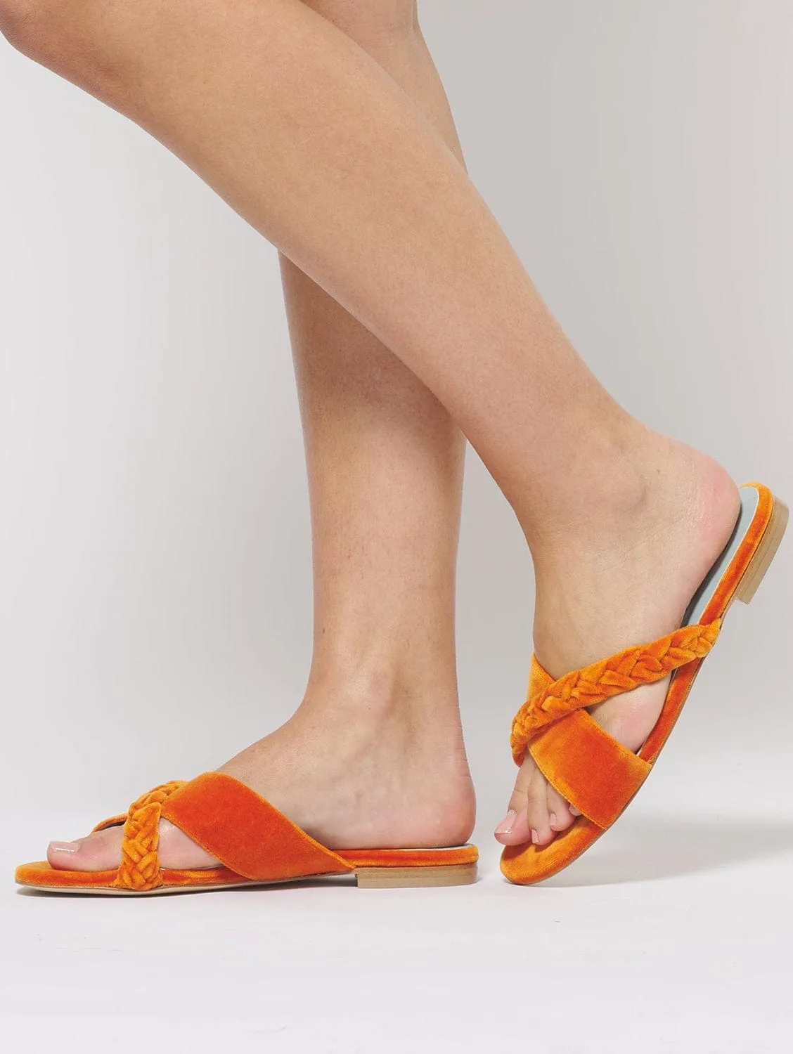 Cotton Velvet Vegan Braided Cross Strap Slider Sandals | Pumpkin Orange