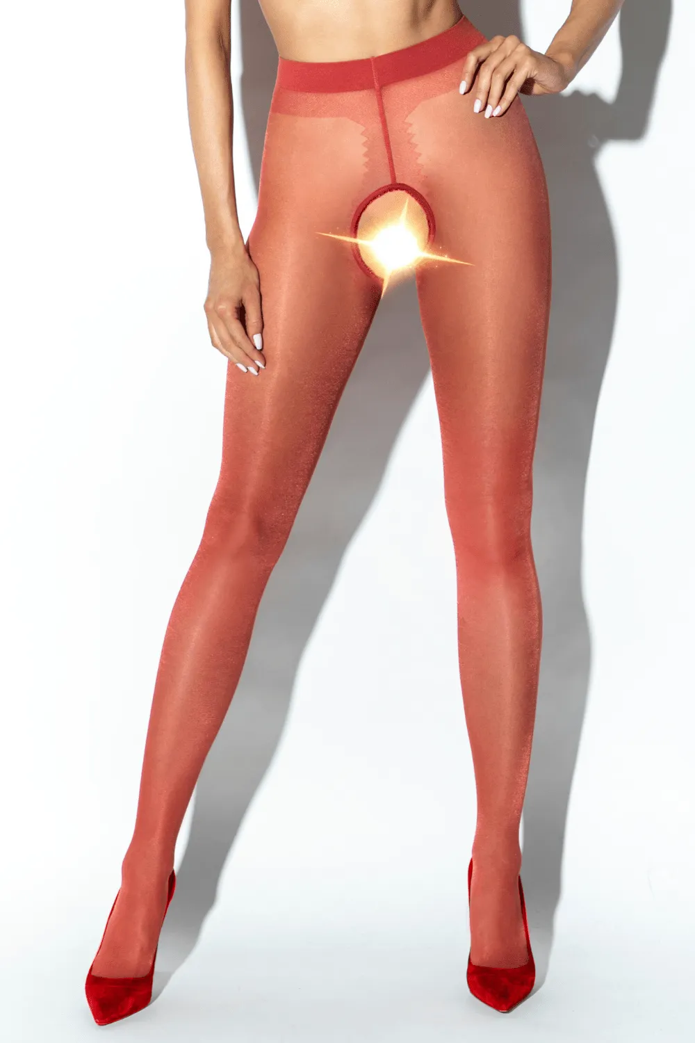 Crotchless Red Gloss Tights 20 Denier