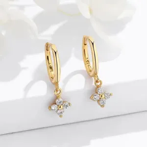 Crystal Clover Drop Earrings - Gold