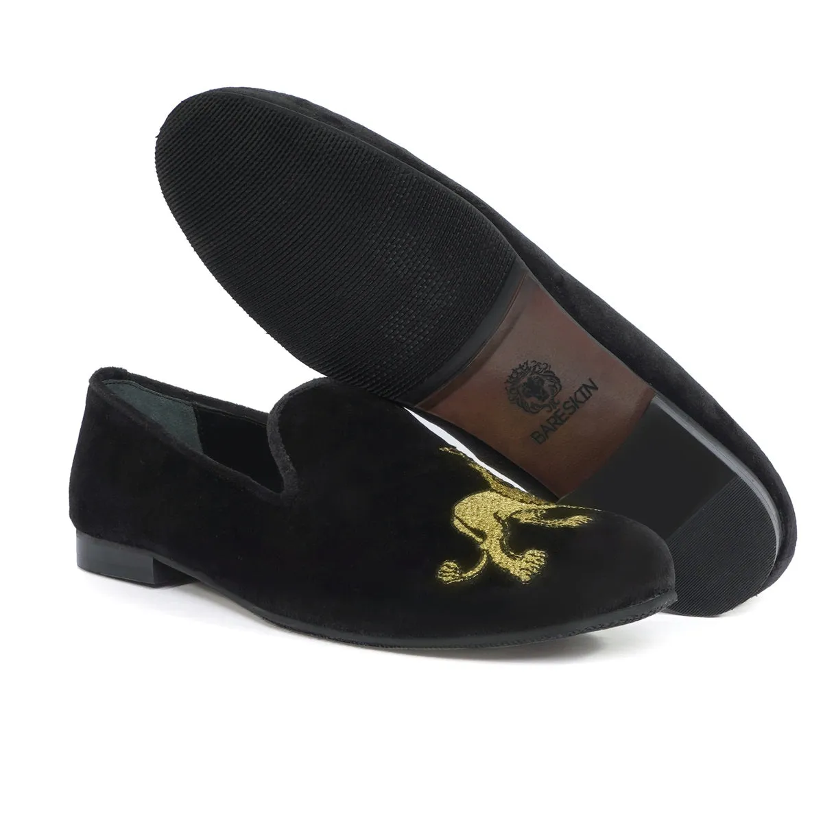 Custom Made Embroidered Lion Black velvet Slip-On Shoes for Men