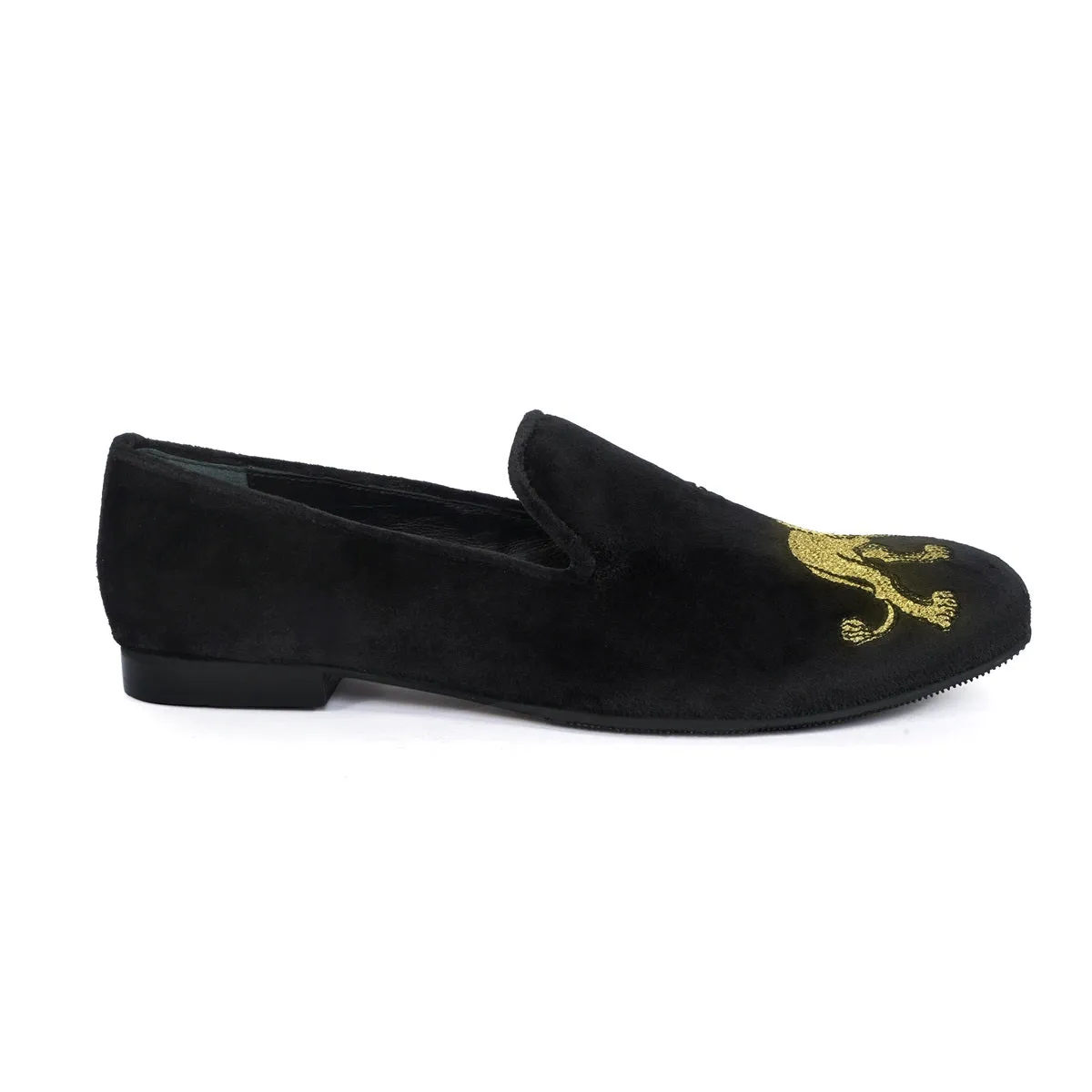 Custom Made Embroidered Lion Black velvet Slip-On Shoes for Men