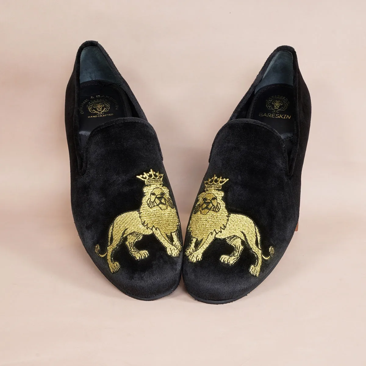 Custom Made Embroidered Lion Black velvet Slip-On Shoes for Men