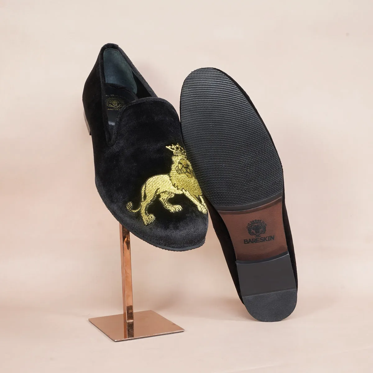 Custom Made Embroidered Lion Black velvet Slip-On Shoes for Men