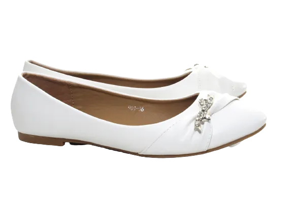 Damen Slipper Halbschuhe Ballerina Loafer Mokassins Slip On Flats Freizeit White # 901-36