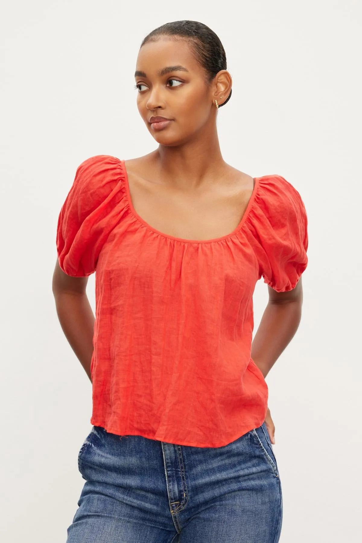 DANA LINEN PUFFY SHORT SLEEVE BLOUSE