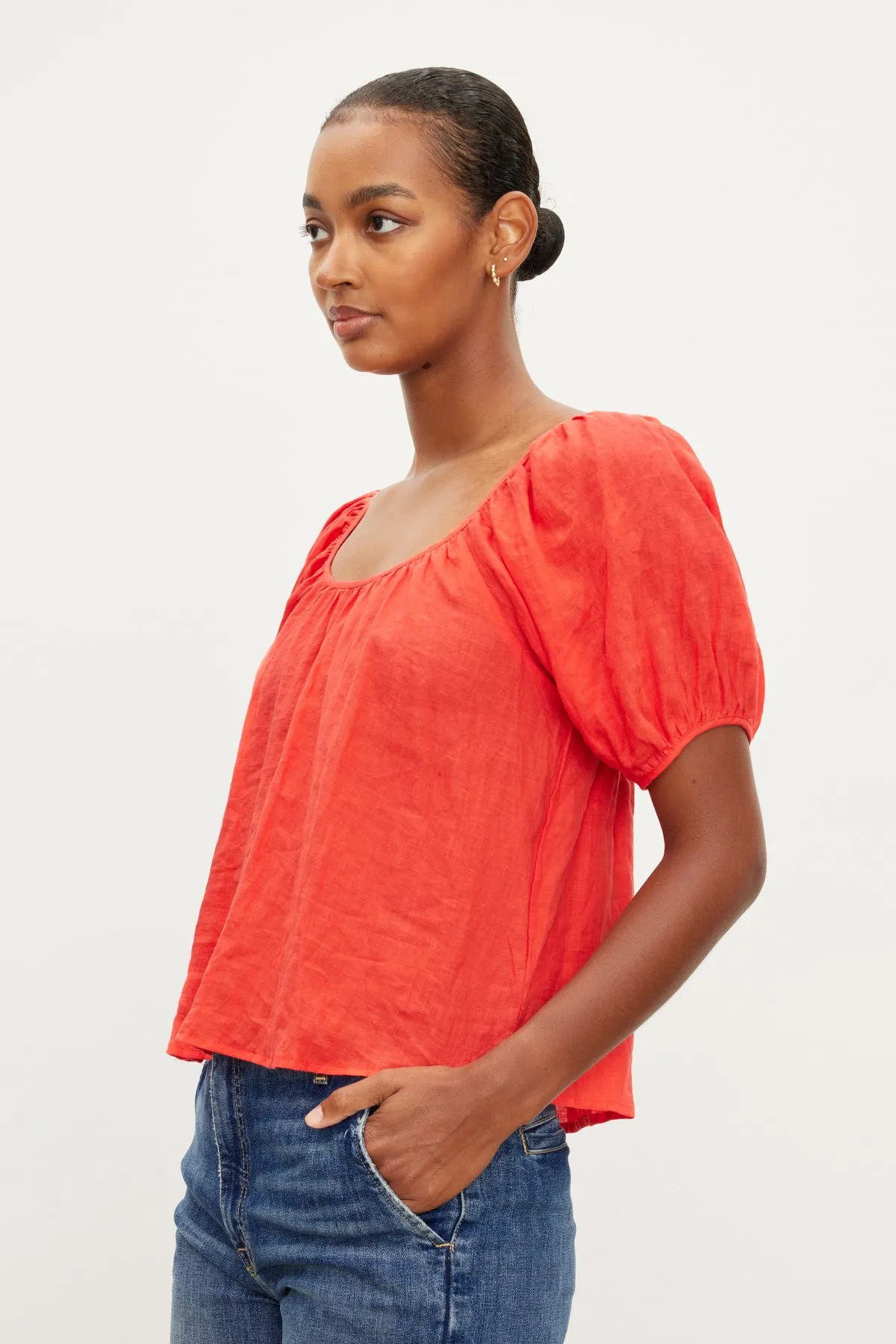 DANA LINEN PUFFY SHORT SLEEVE BLOUSE