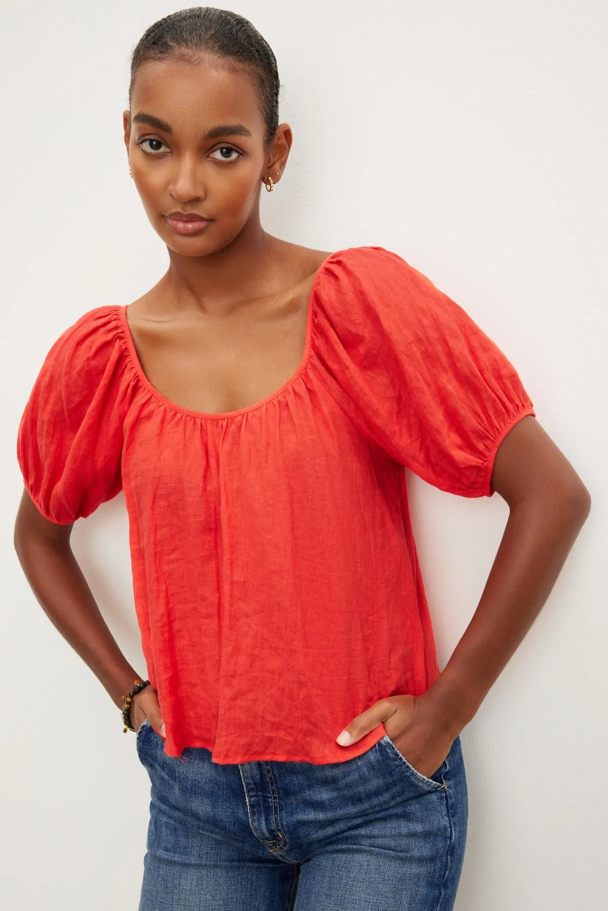 DANA LINEN PUFFY SHORT SLEEVE BLOUSE