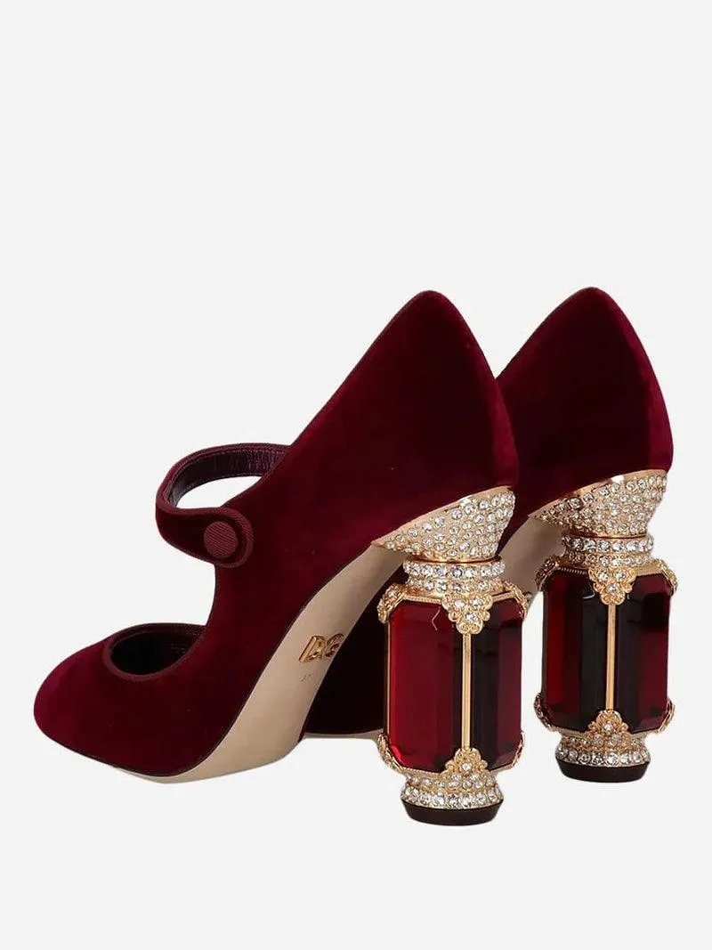 Dolce & Gabbana Velvet Crystal-Detailed Mary Jane Pumps