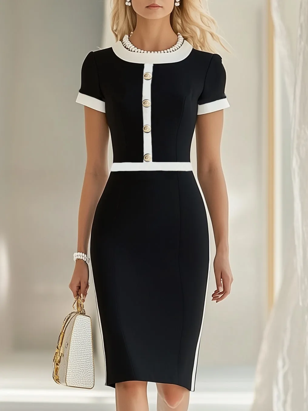 Elegant Hemmed Black Short-Sleeved Midi Dress