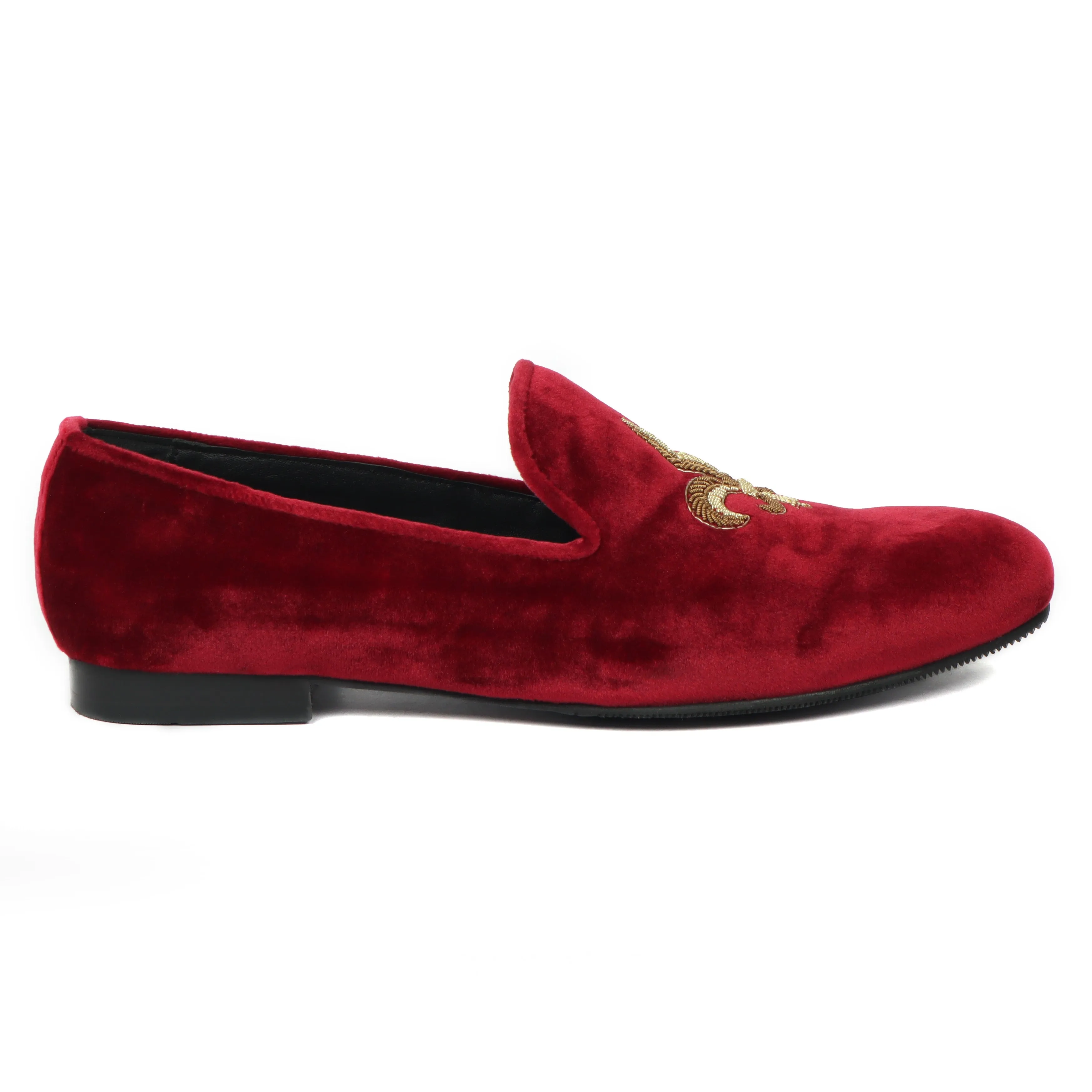 Fleur-de-lis Golden Zardosi Red Velvet Slip-On Shoes For Men by Brune & Bareskin