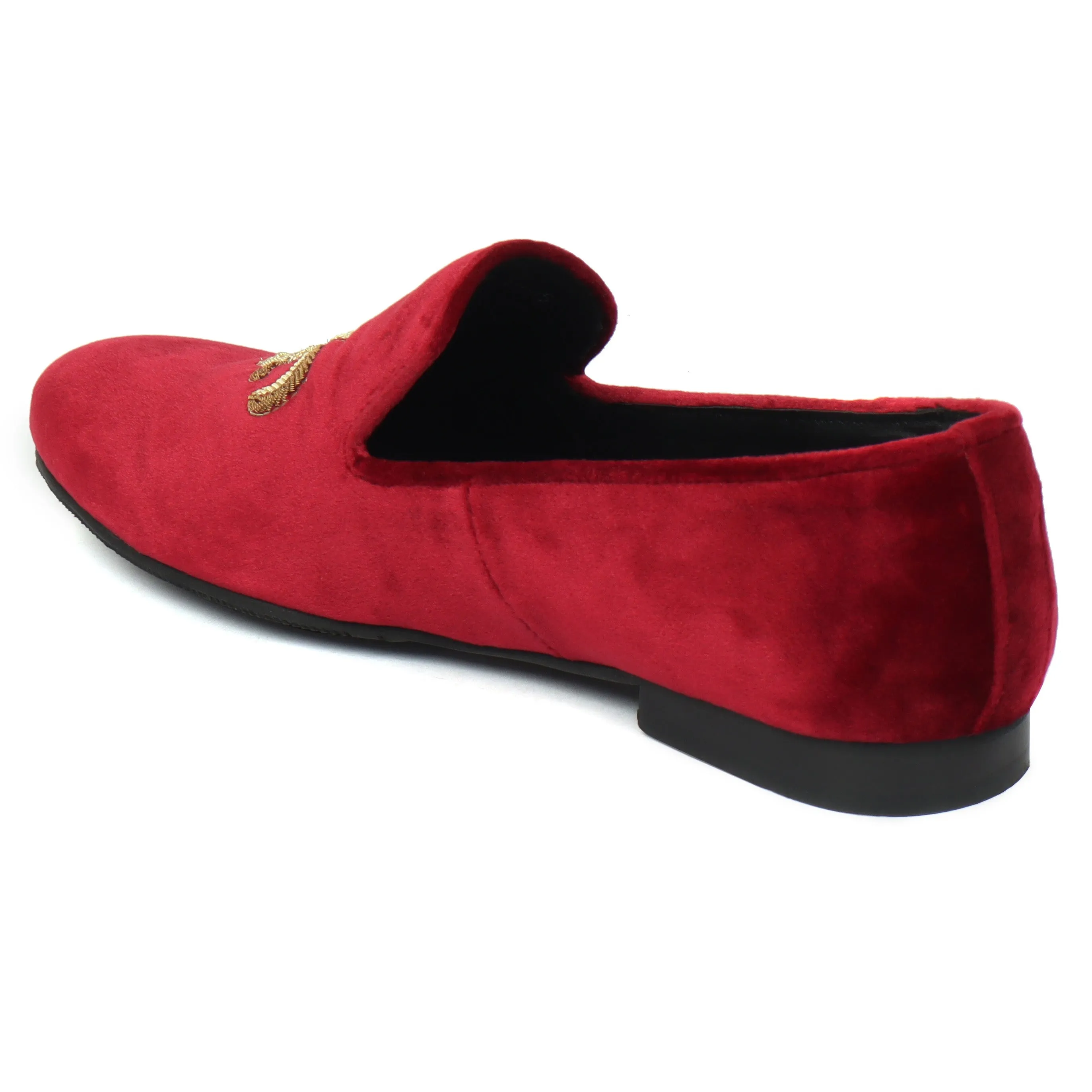 Fleur-de-lis Golden Zardosi Red Velvet Slip-On Shoes For Men by Brune & Bareskin