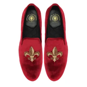 Fleur-de-lis Golden Zardosi Red Velvet Slip-On Shoes For Men by Brune & Bareskin