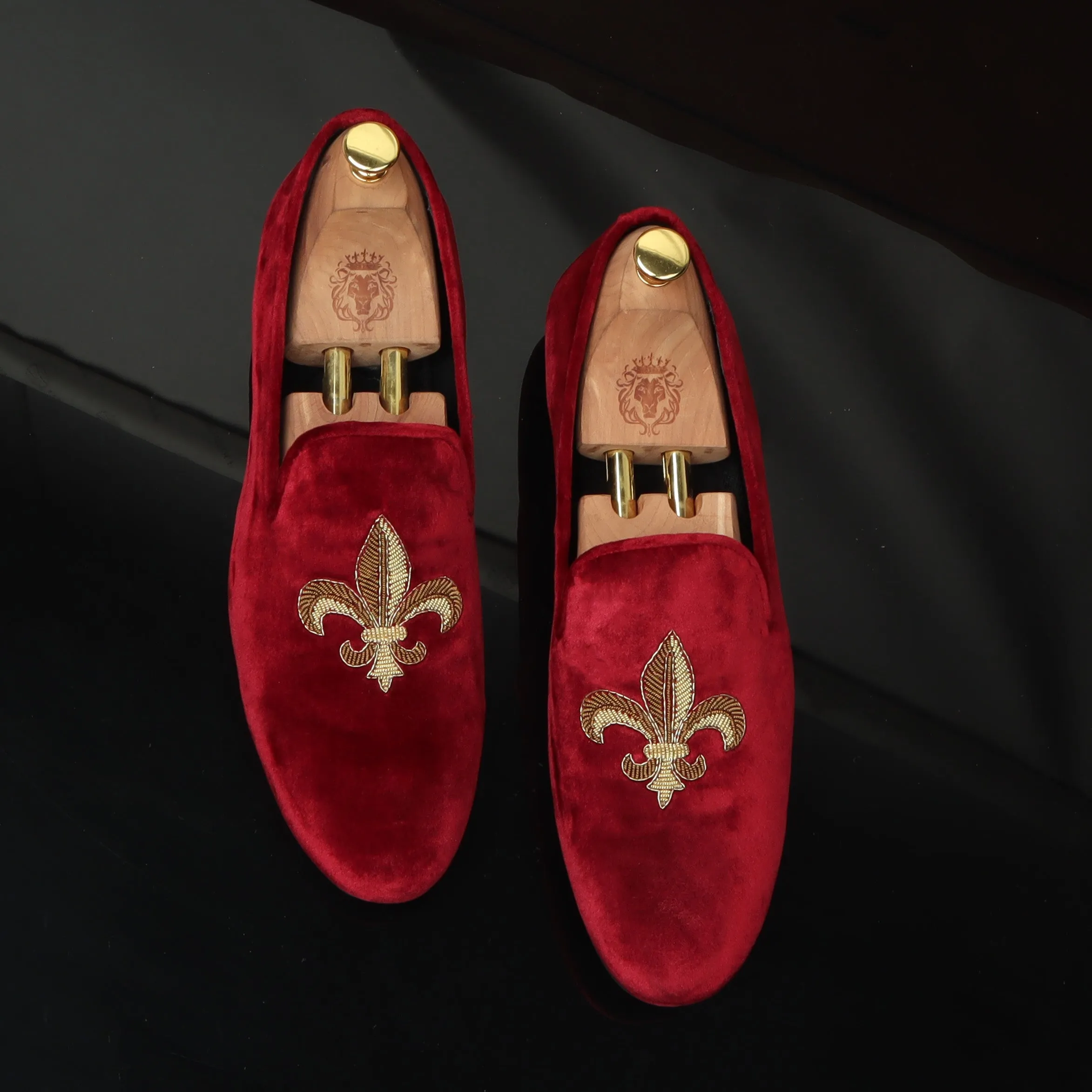 Fleur-de-lis Golden Zardosi Red Velvet Slip-On Shoes For Men by Brune & Bareskin