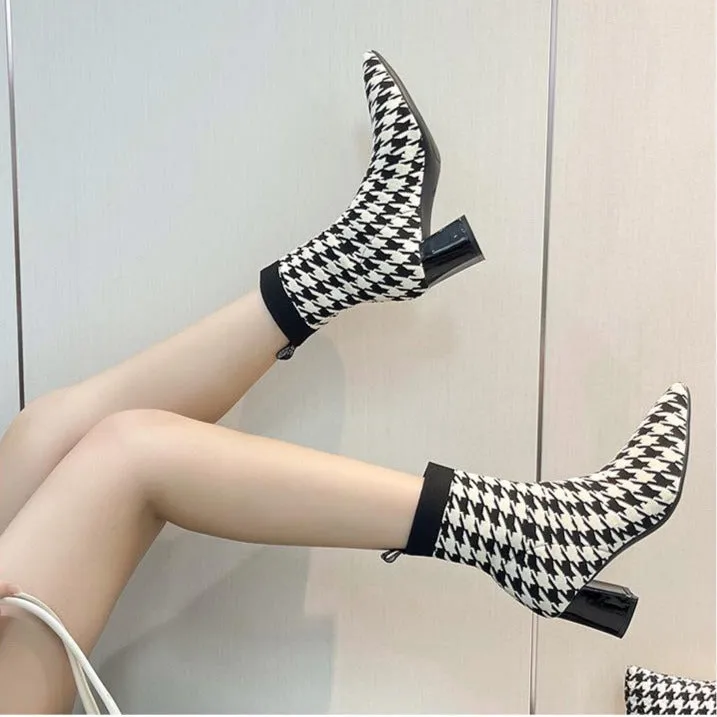 Fly-knit Pointed Toe Chunky Heel Sock Boots