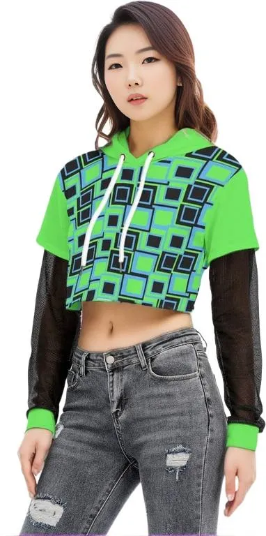 Funky² Womens Faux Two-piece Mesh Sleeve Cropped Hoodie