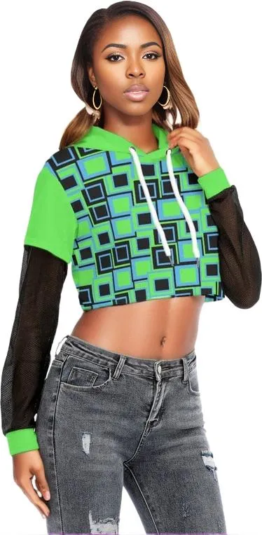 Funky² Womens Faux Two-piece Mesh Sleeve Cropped Hoodie