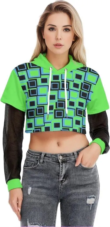 Funky² Womens Faux Two-piece Mesh Sleeve Cropped Hoodie