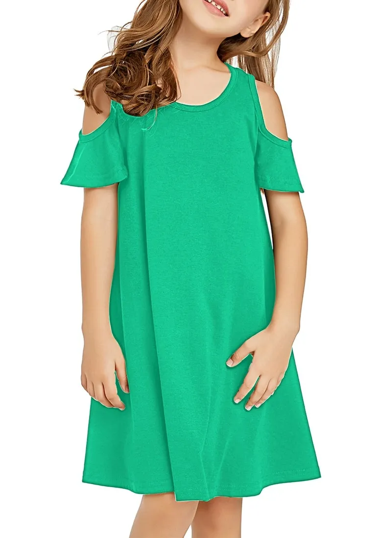 Green Cold Shoulder Ruffle Short Sleeves Girl Tunic Dress