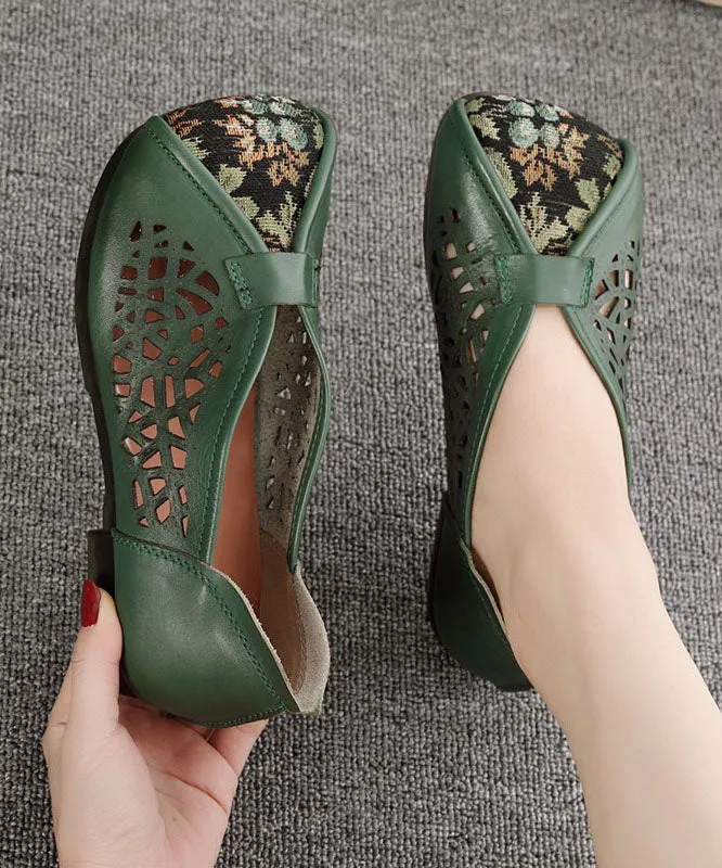 Green Hollow Out Cowhide Leather Flat Shoes For Women Splicing Flats