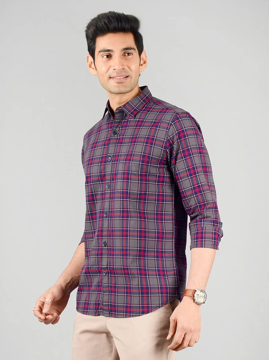 Grey & Medieval Blue Checked Slim Fit Casual Shirt | JadeBlue