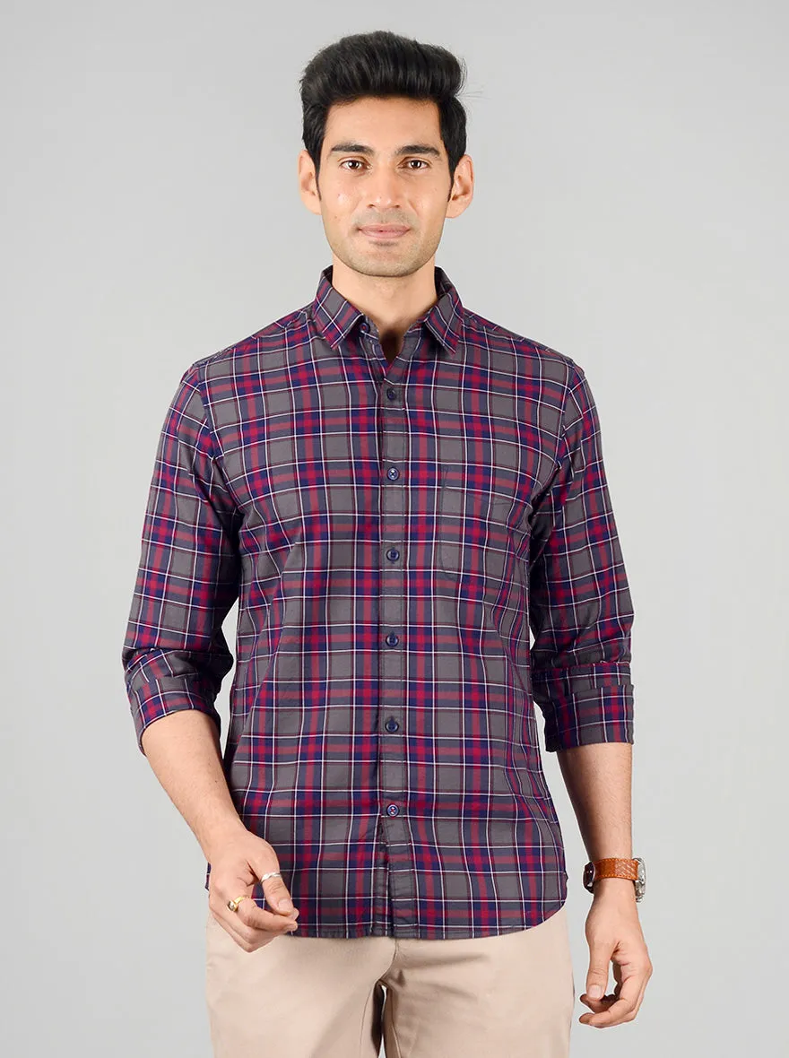 Grey & Medieval Blue Checked Slim Fit Casual Shirt | JadeBlue