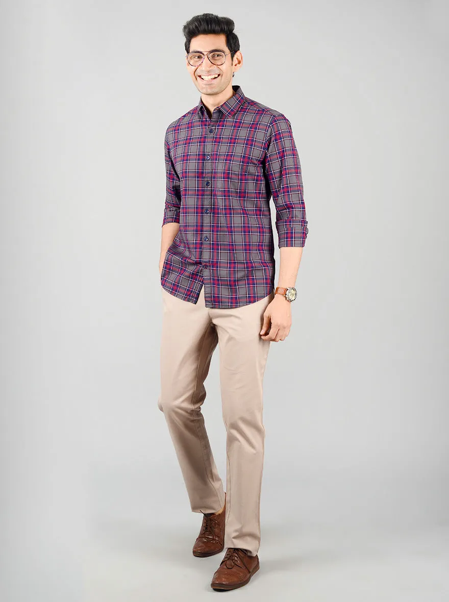 Grey & Medieval Blue Checked Slim Fit Casual Shirt | JadeBlue