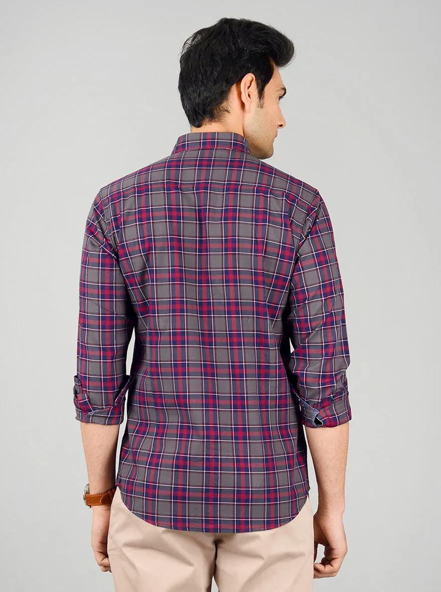 Grey & Medieval Blue Checked Slim Fit Casual Shirt | JadeBlue